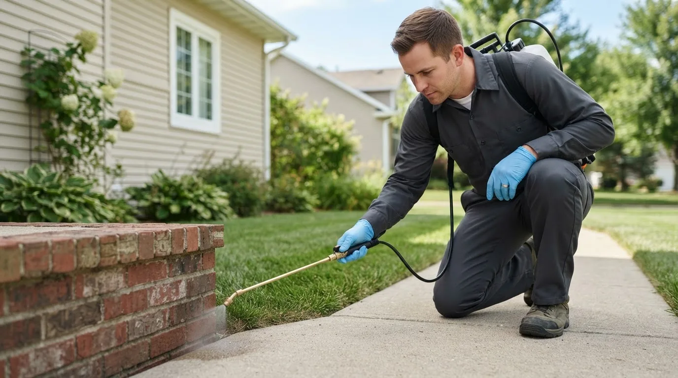 Pest control technician treating a home near Monroe City, IN