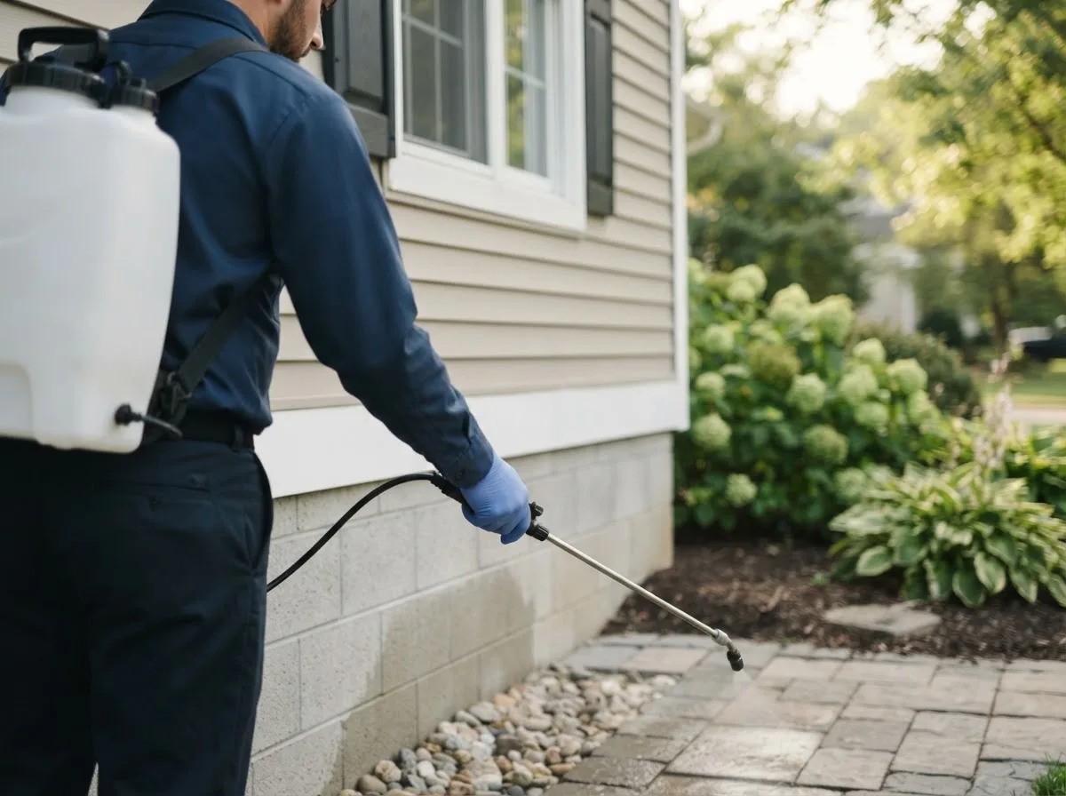 Pest control technician inspecting a home in Monroe City, IN